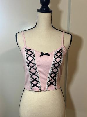 Pink Lolita SHEIN Medium Lace Black Cropped Bow Tank Top Women