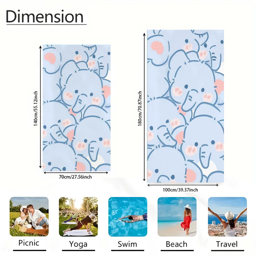 Cute Blue Elephant Beach Towel, Kawaii Cartoon Animal Bath Towel, Super Absorbent Microfiber Towel for Kids & Adults, Swimming