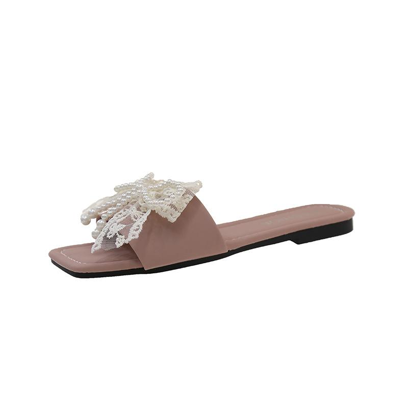 Fashion fairy style pearl bow one-word slippers female summer new casual square head open-toed flat-bottomed slippers female