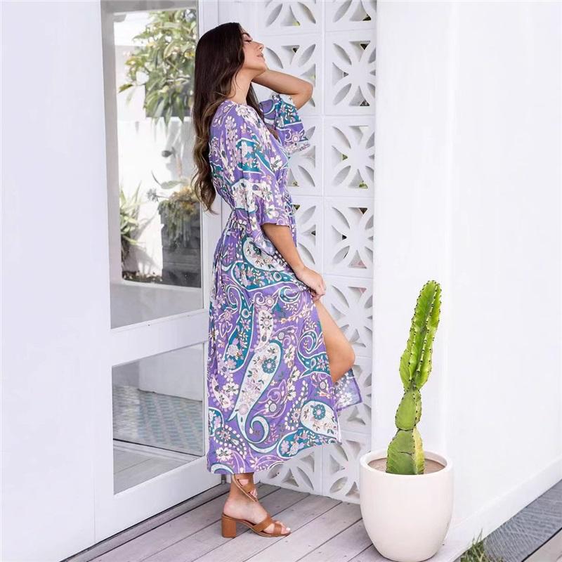 European And American Style Summer Ladies New Sleeveless Long Skirt V-neck Split Seaside Vacation Loose Printed Dress