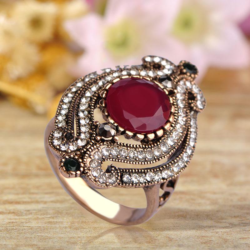 

Винтажное кольцо с синим цветком, античное позолоченное кольцо из смолы с кристаллами для женщин, вечерние турецкие металлические украшения на палец Anel Feminino 7 красный