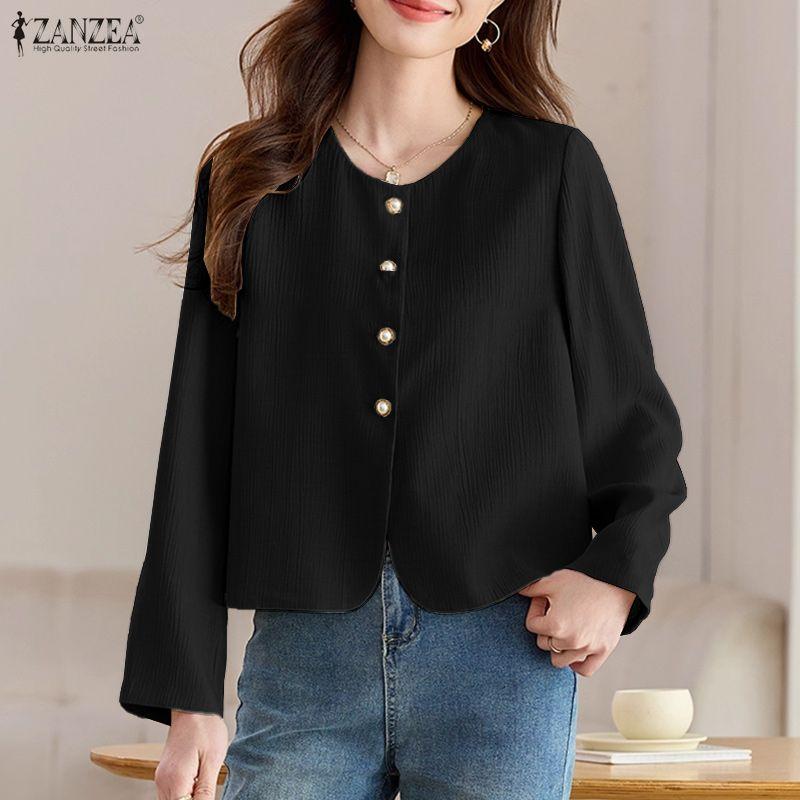 ZANZEA Damen Lässig Rundhals Einfarbig Locker Langarm Bluse