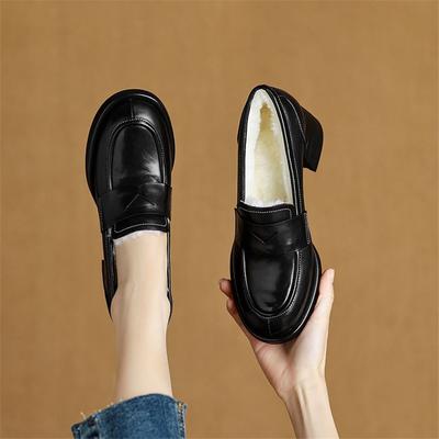 Fashion New Winter Genuine Leather Women Pumps Shoes for Women Fashion Round Toe Loafers Shoes Zaptos Mujer High Heels Warm Wool Shoes