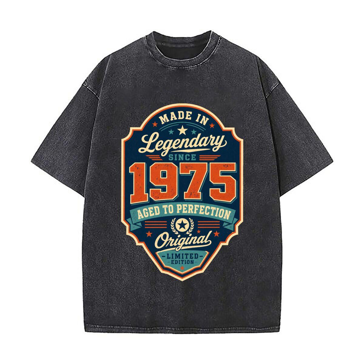 Vintage 1975 Retro Year Badge Design Retro Washed Distressed T Shirt Men Summer Casual Short Sleeve M