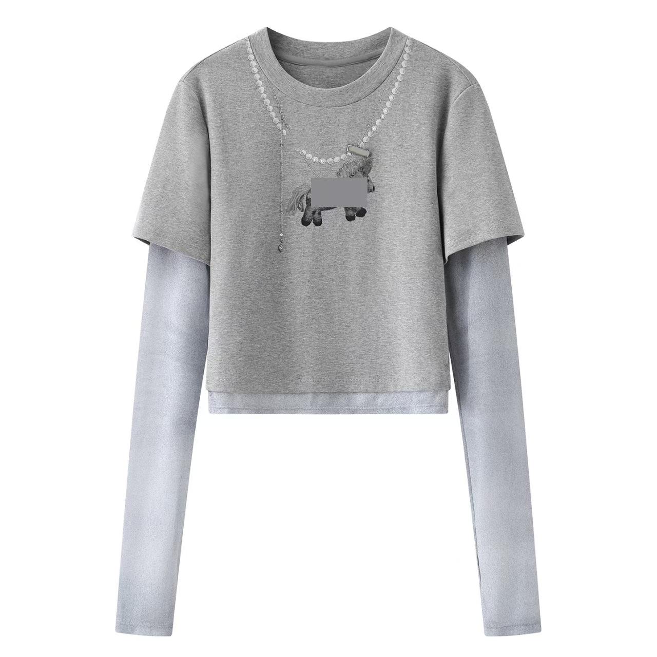 

Дизайнерский двухсторонний комплект: футболка с принтом маленькой лошадки и жемчугом, Весна 2026 L серый