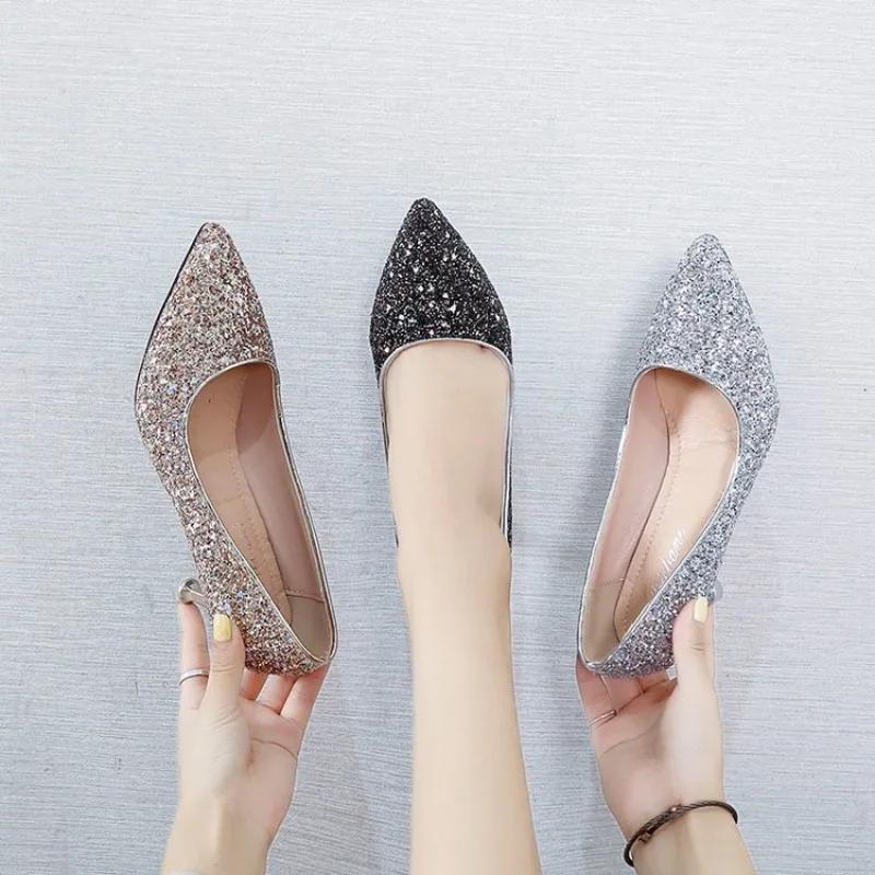 Women High Heels Sandals Trend Slip On Comfortable Wedding Low Heels Lady Party Shoes Glitter Evening Sandals Zapatos De Mujer