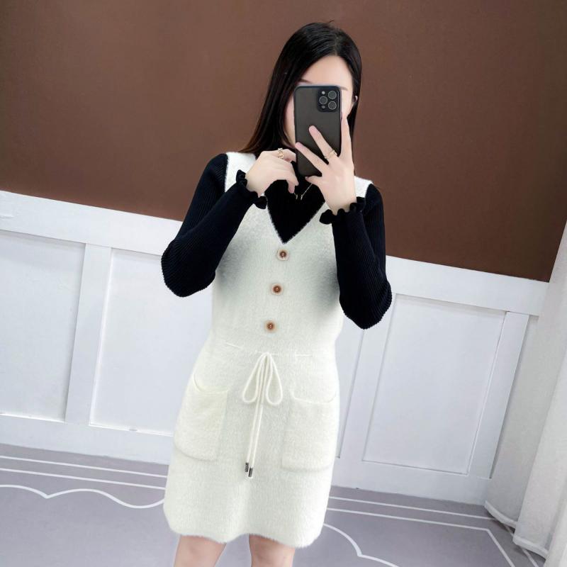 Faux Mink Knitted Waistcoat Spring and Autumn Mohair V-neck Vest Knitting Versatile Sleeveless Mid-length Casual Women's Dress