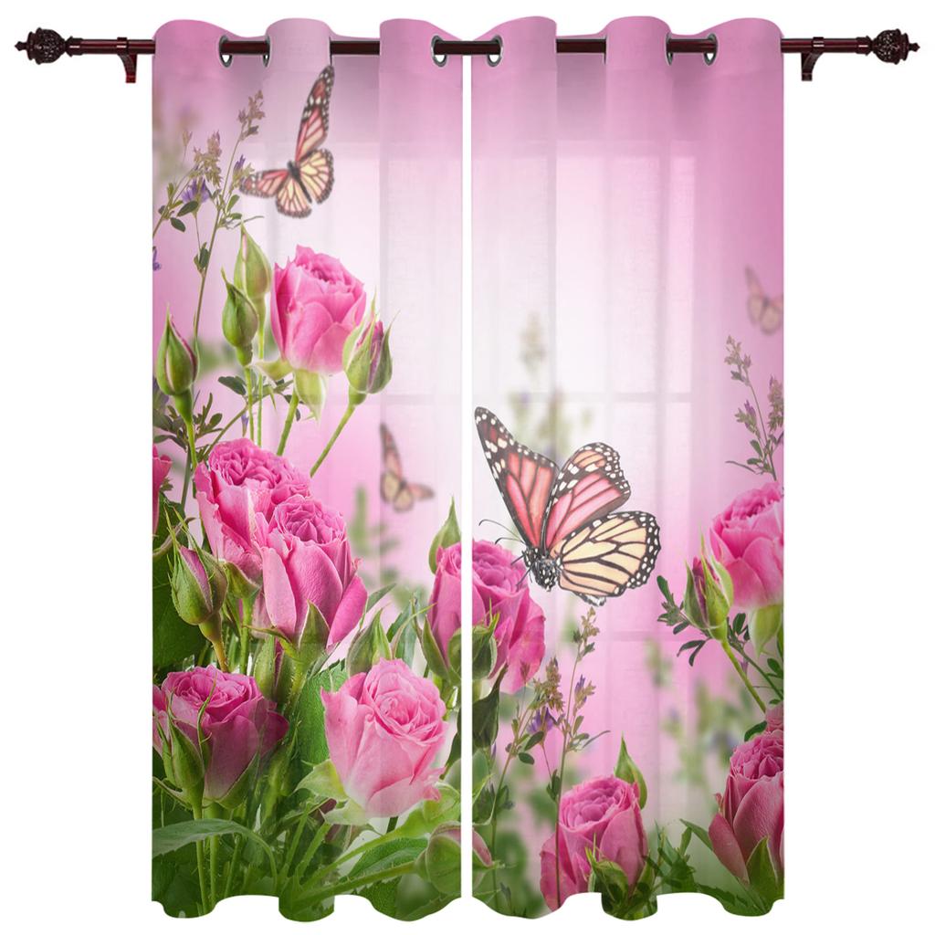 Pink Rose Flower Butterfly Curtains for Bedroom Living Room Drapes Kitchen Children's Room Window Curtain Modern Home Decor