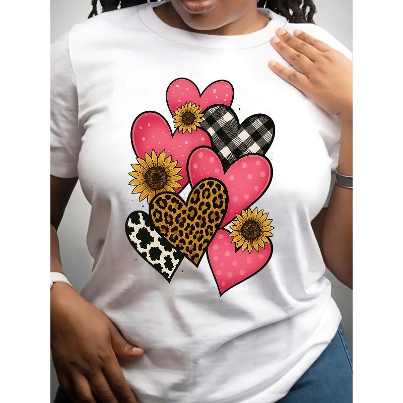 Europäische Größe Damen Lässige Kurzarm-Rundhals-T-Shirts Geeignet für Frühling Sommer - Lässige & Büro-Oberteile mit Herz-Print