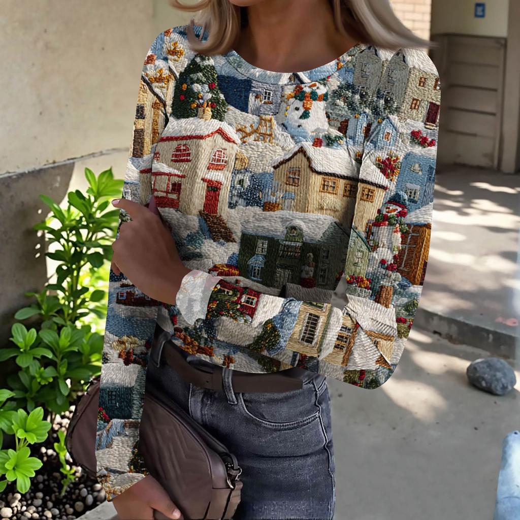 Camiseta de Fondo Delgado para Mujer Moda Casual Estampado Degradado Cuello Redondo Jersey Manga Larga Top