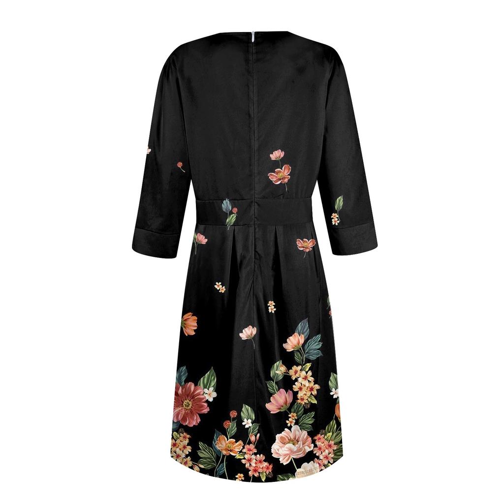 Damska sukienka casualowa i modna z 3/4 rękawami, kieszenią i zamkiem błyskawicznym z tyłu