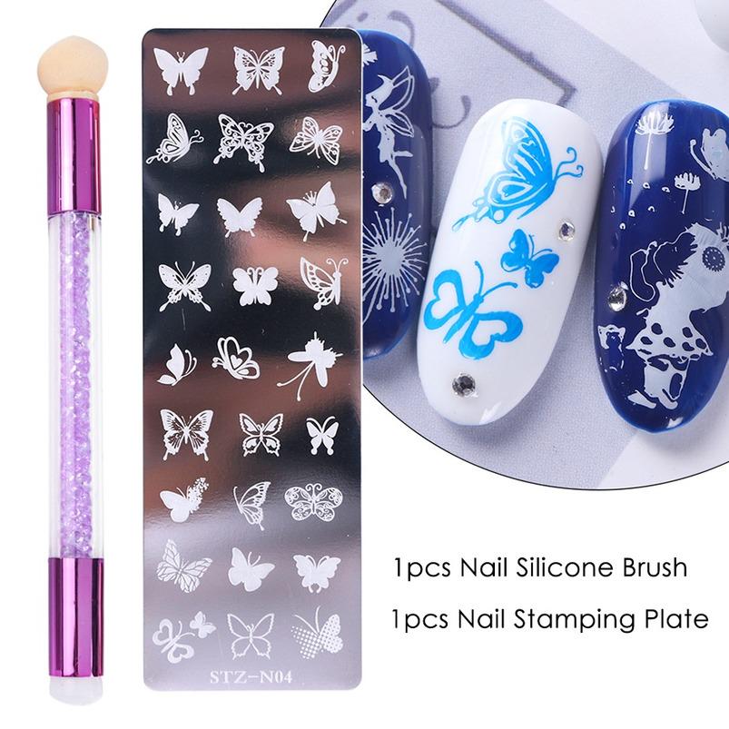 Nail Stamping Plates Set Silicone Sponge Brush Polish Transfer Stencils Flower Butterfly Geometry Template Nail Tool