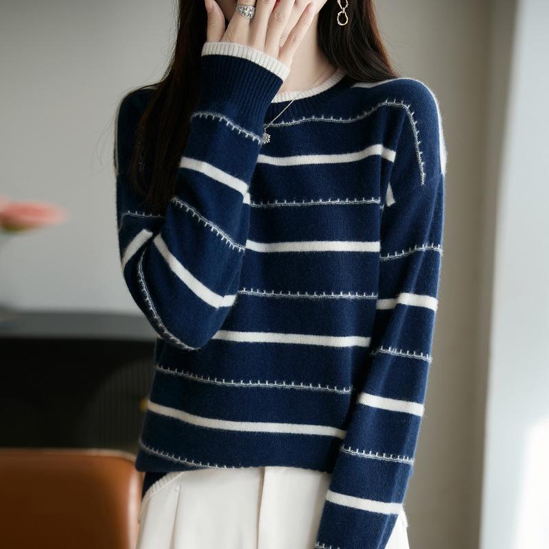 Women's Blue & White Striped Wool Knit Long-Sleeve Top - Elegant & Comfortable 2025 Autumn Style