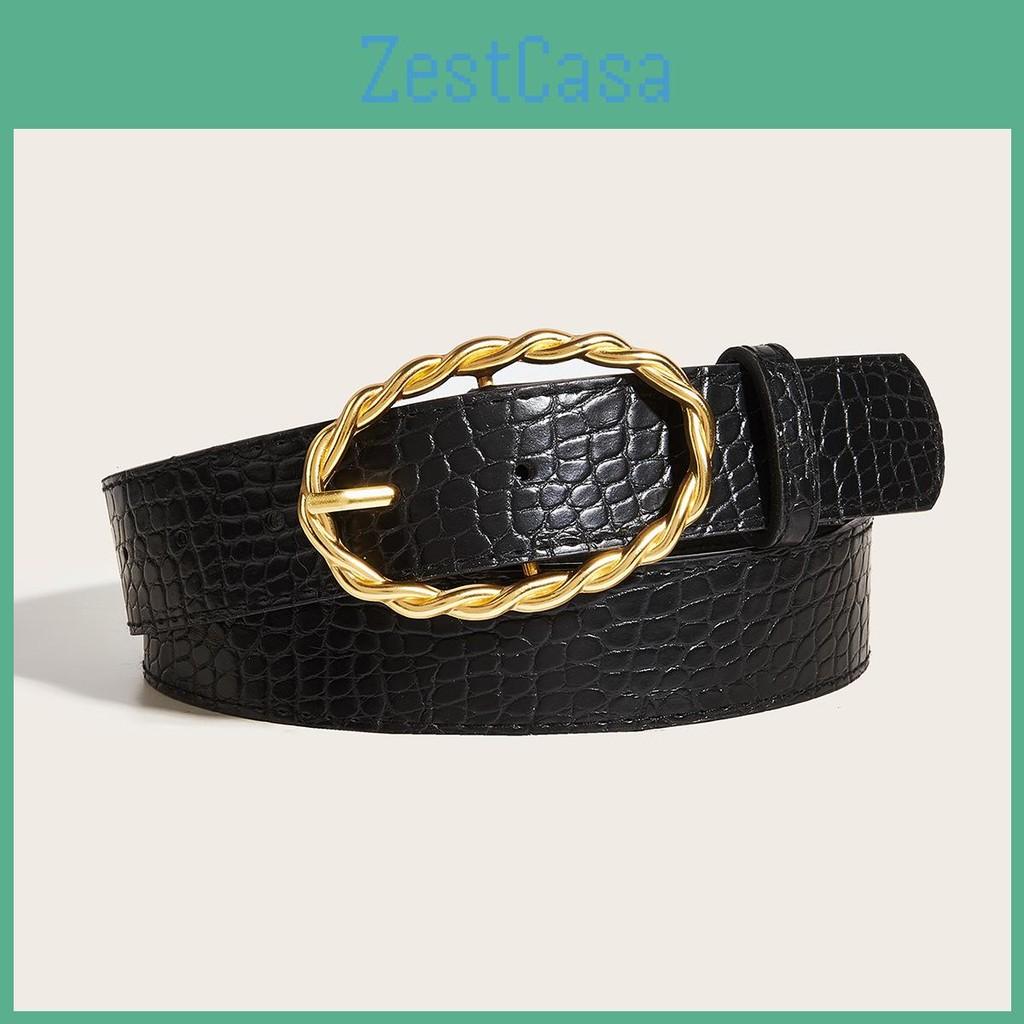 Grain Stone Womens Pu Leather Belt With Twists Oval Metal Buckle For Everyday