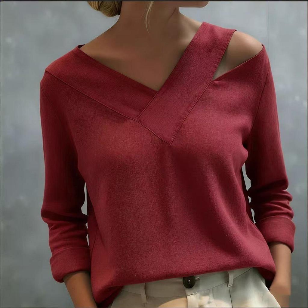 2026 Spring/Summer Elegant Off-Shoulder V-Neck Solid Color Long-Sleeve Top