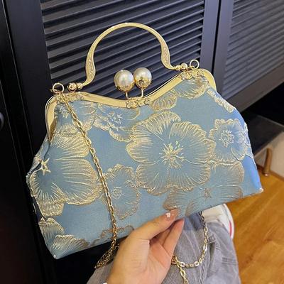 Vintage Flower Clutch for Women Wedding Dinner Shell Clip Evening Clutch Strap Totes Embroidered Chain Purses and Handbags