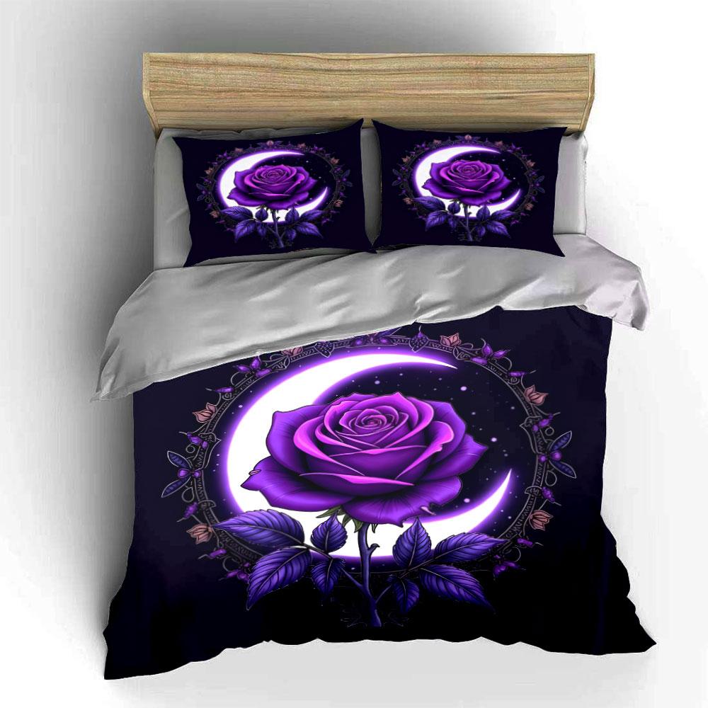 Purple Rose Moon Decor Set Soft Comfortable Duvet Cover Bedding Set Included 1*Duvet Cover & 2*Pillowcases, Gift