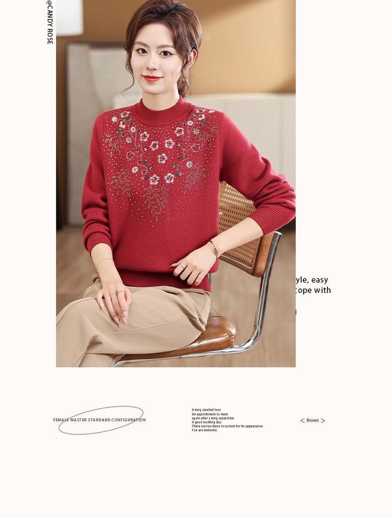 Middle-aged Women's Plus Velvet Knitted Sweater - Winter Base Shirt for Autumn & Winter