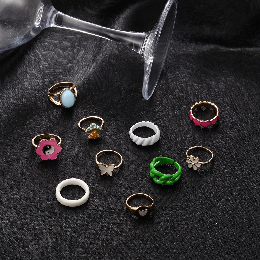 Fashion Personality Colored Butterfly Flower Mushroom Love 10-Piece Set Drip Oil Ring