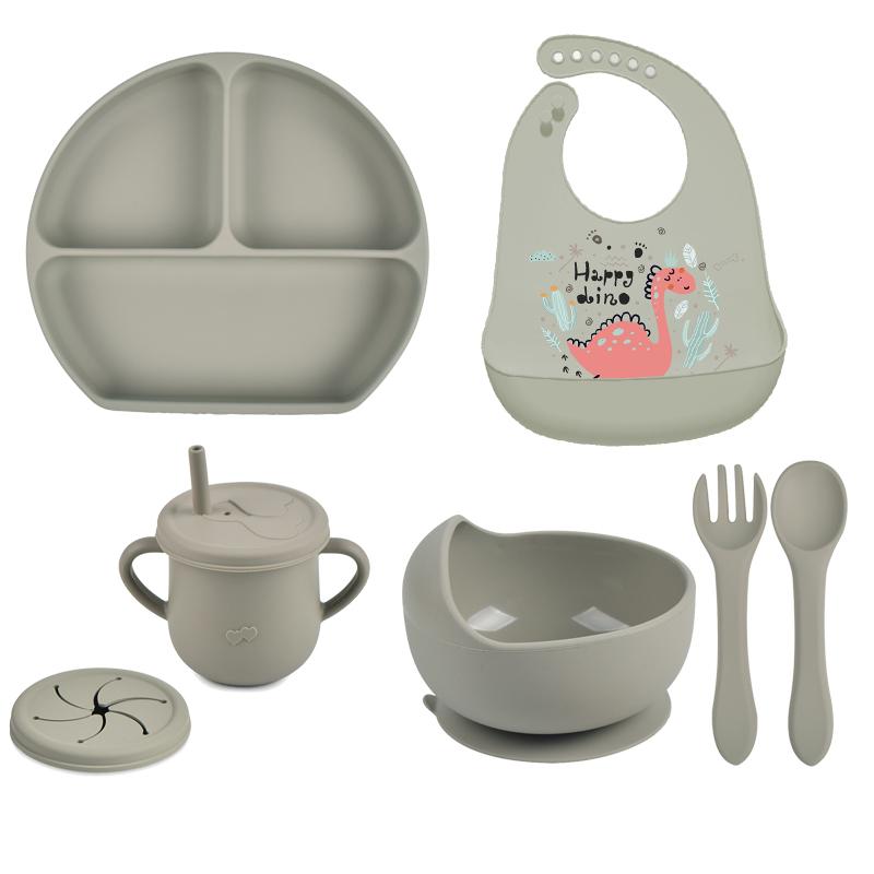 7pcs/set Baby Silicone Tableware Cartoon Printed Bibs Sucker Bowl Plate Cup Spoon Fork Sets Non-slip Children's Dishes BPA Free