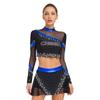 Womens Cheerleading Costume Set Long Sleeve Rhinestone Crop Top Matching Dance Skirt Performance Outfit