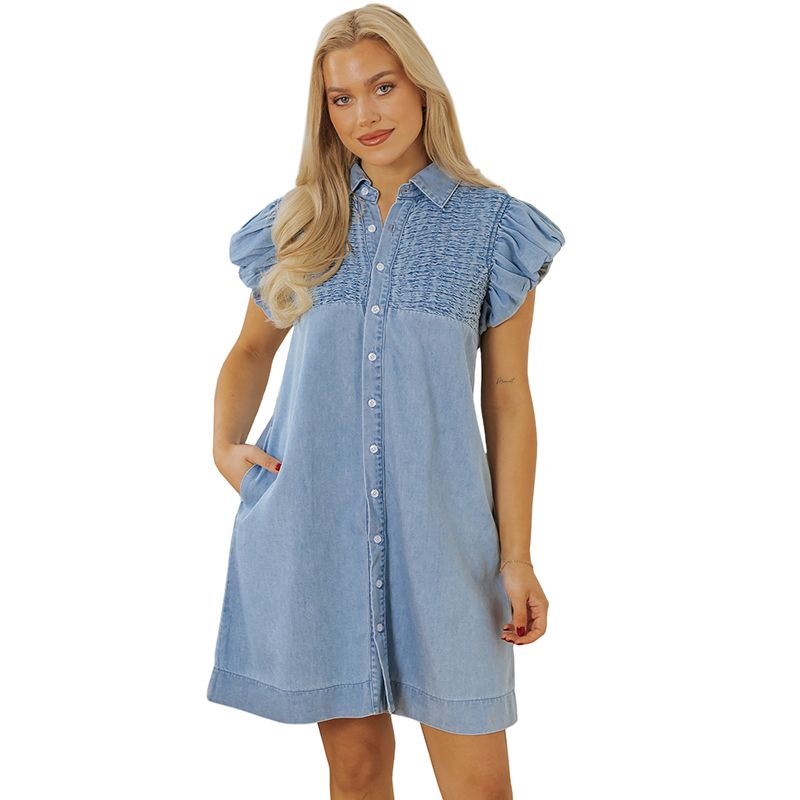 

Американский Shiying Летнее Новое Поступление Платье из Денима с Рукавами-Воланами Женское 2025 Повседневное Свободное Однобортное Платье Blue Size S fit (45.00 kg-55.00 kg