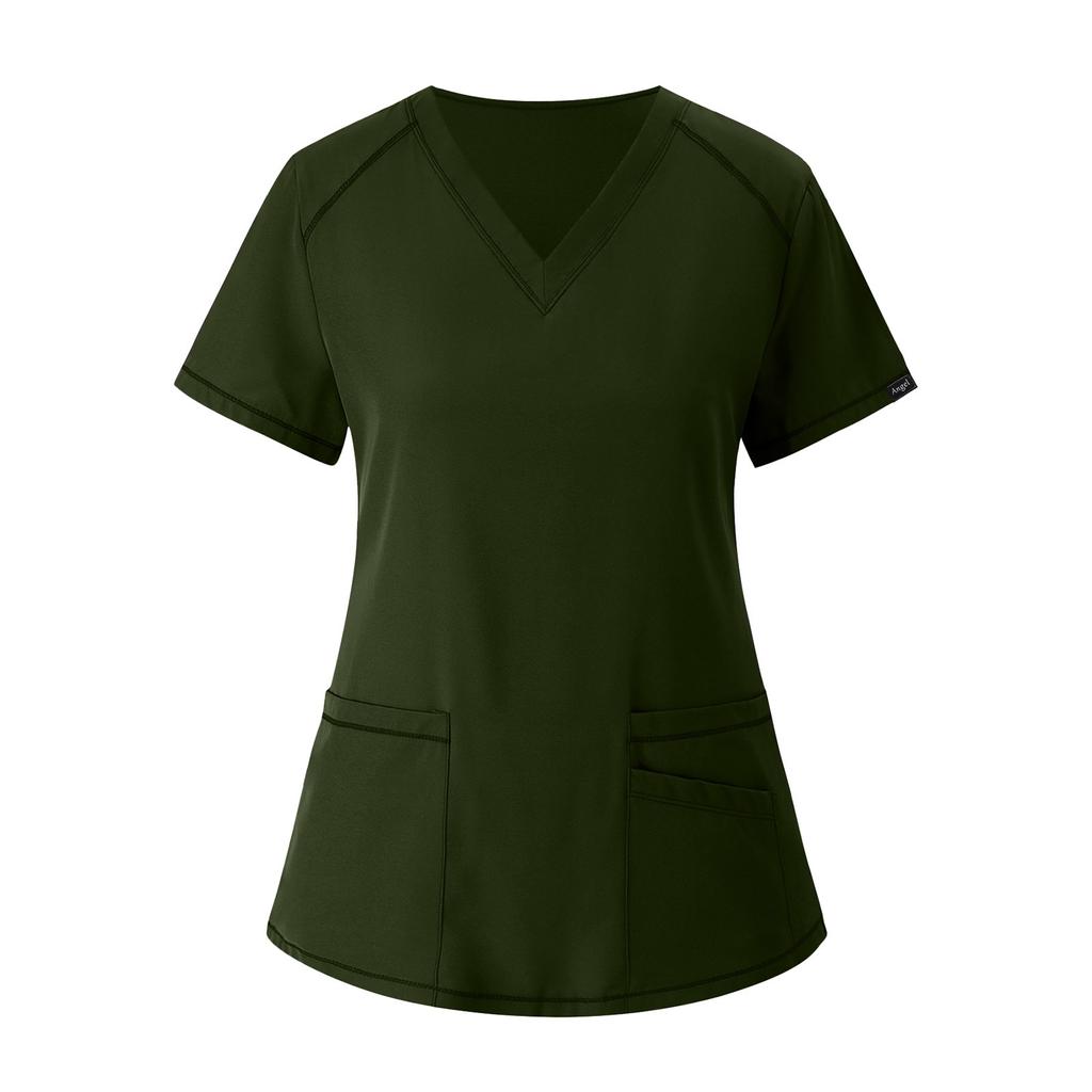 Zweiteiliges Set für Damen, kurzärmelig, einfarbig, Oberteil mit Tasche, Hose, Arbeitskleidung, zweiteiliges Set