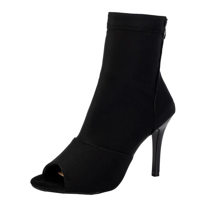 Sandale de vară sexy cu toc înalt pentru dans jazz, cizme pentru dans latin, cu bot decupat, stiletto, cizme scurte, negre, din material elastic, pantofi de dans
