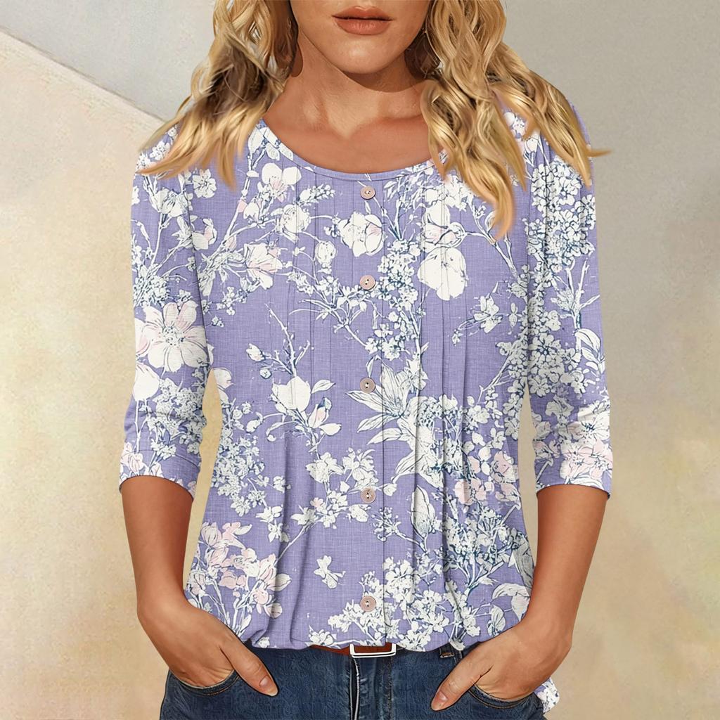Damen Modisches Lässiges Dreiviertelarm Knopfleisten Oberteil mit Blumenmuster und Rundhalsausschnitt