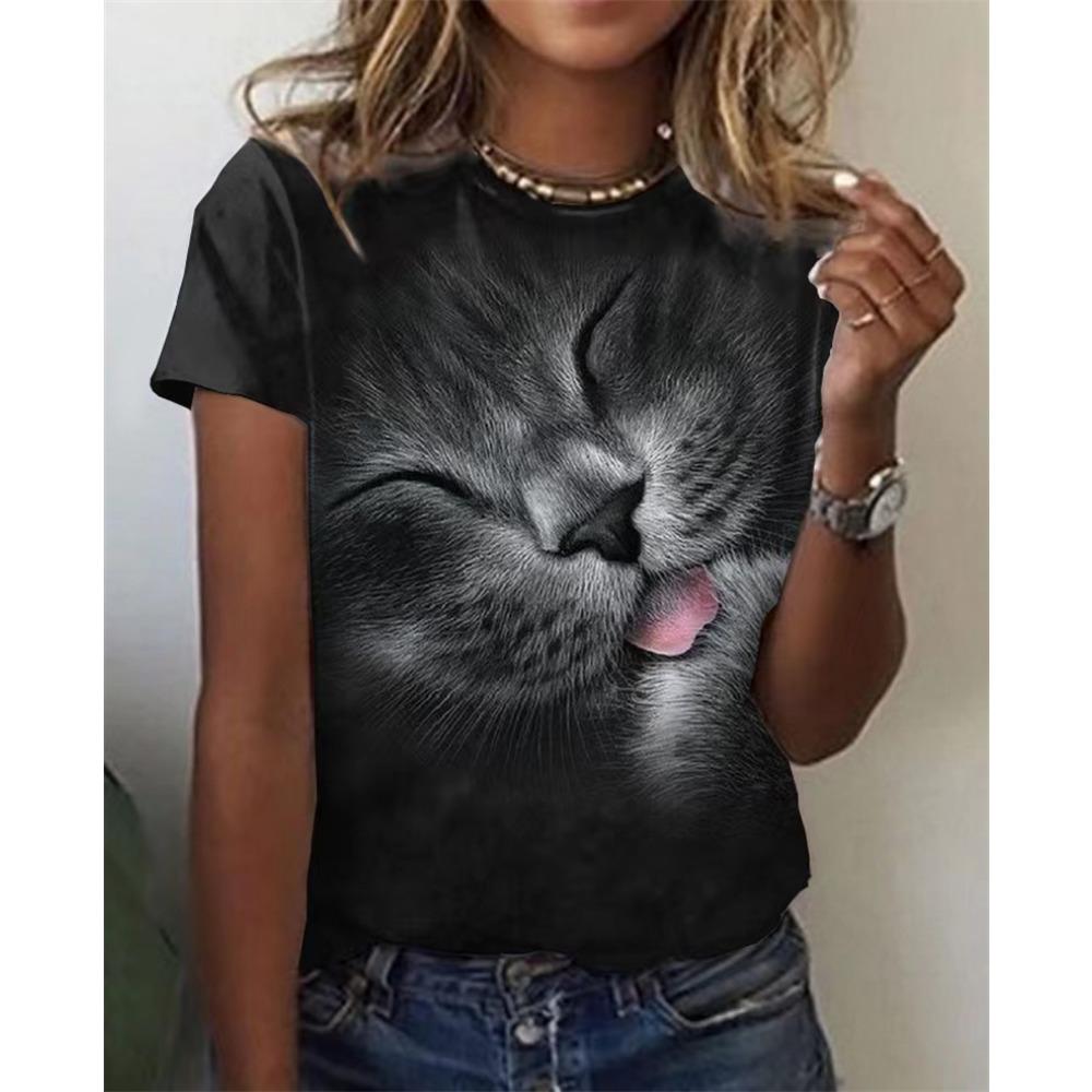 New Summer 3D Printing for Women Cute Cat Fashion 2025 New Harajuku Animal Short Sleeve Oversized