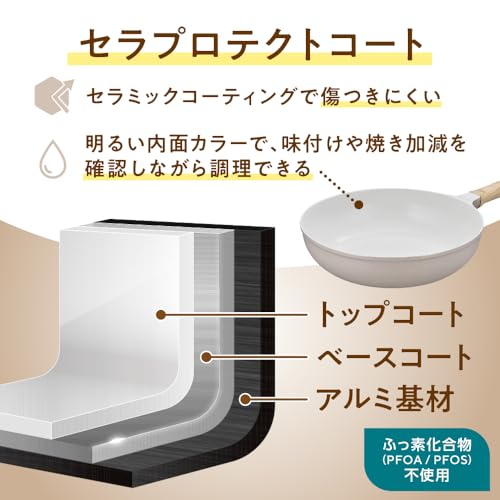 Thermos Ceraprotect Coat Series Frying Pan 24cm Greige IHGas Compatible High Durability Ceramic Coating Die-Cast Manufacturing PFOA PFOS Free Wood GG
