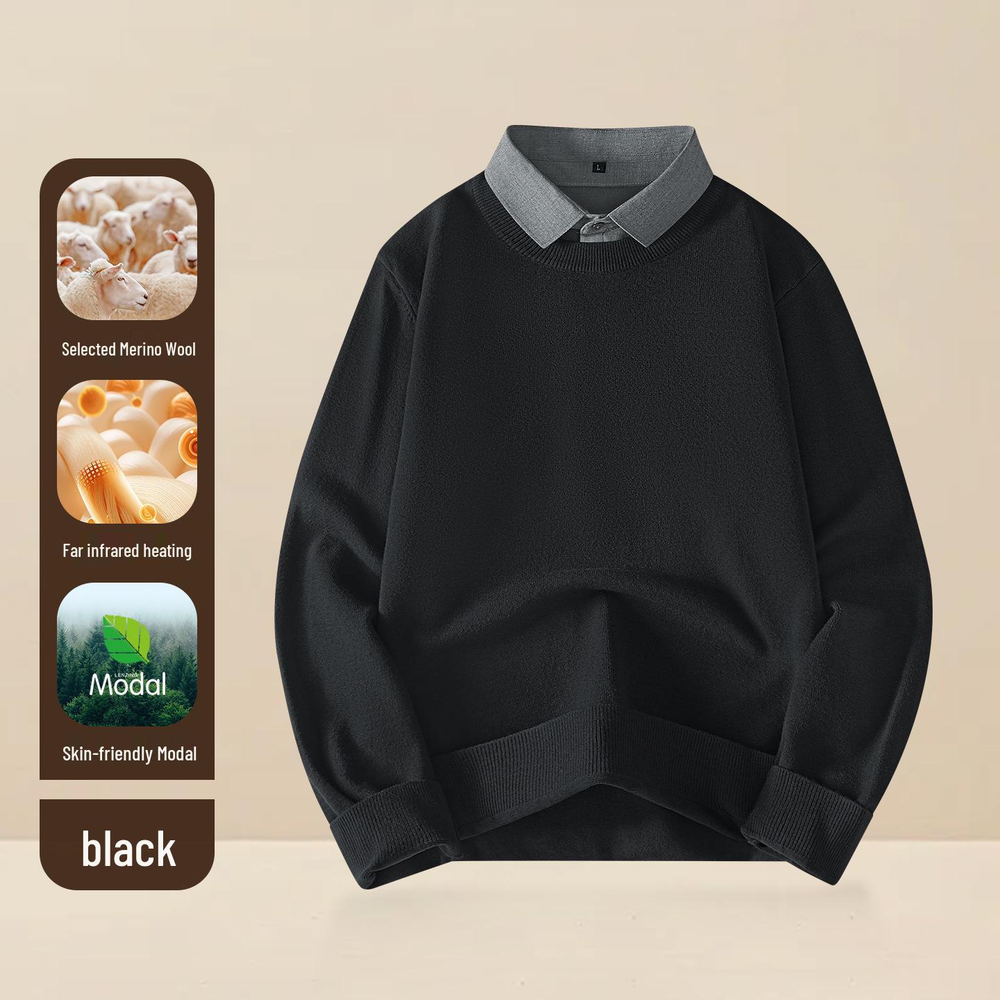 

Men s Wool Modal Faux Two-Piece Lapel Sweater: New Autumn/Winter Warm Knit Base Layer Top M чорний