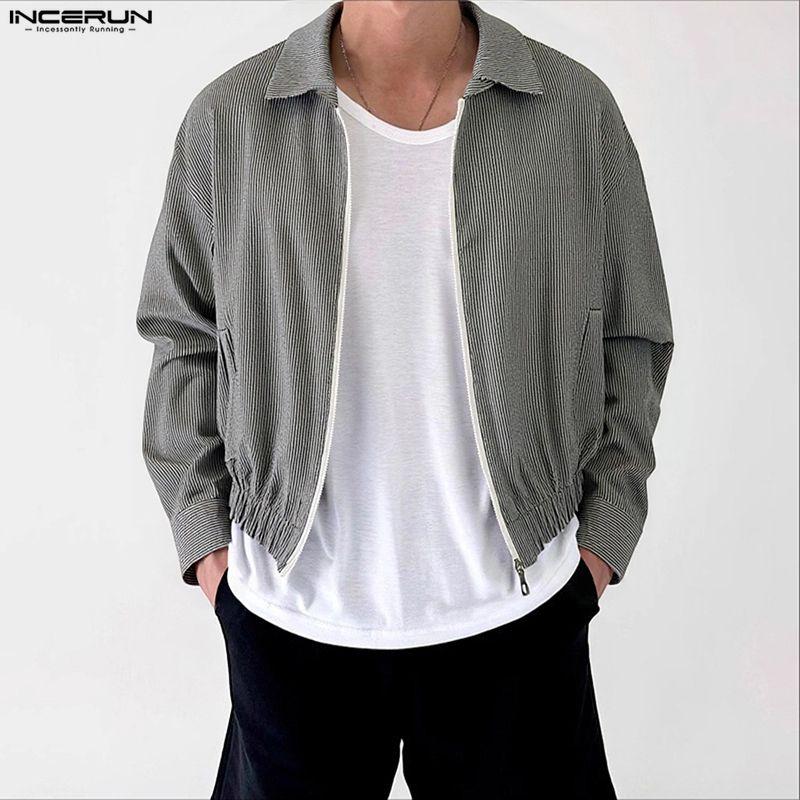 INCERUN Men Lapel Long Sleeve Zipper Up Striped Cropped Jackets Short Coats