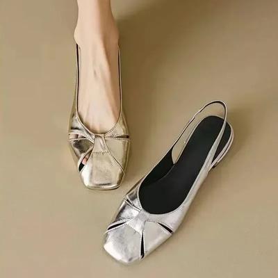 Fashion Women Sandals Square Toe Slingbacks Hollow Outs Slip On Leather Shoes Gold Wedding Low Heels Dress Shoe Sandalias De Mujer