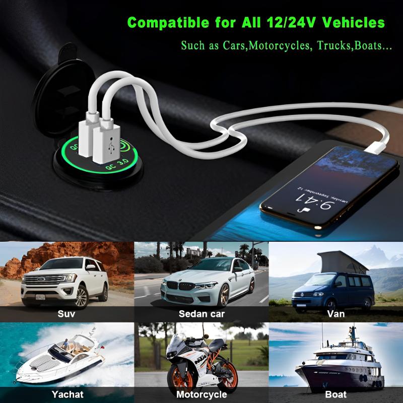 12V/24V  USB Outlet Dual QC3.0 Charger Socket Cigarette Lighter Socket Waterproof Touchable Switch Quick Adapter Car Accessories
