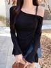 Women's French One-Shoulder Camisole with Flare Sleeve, Off-Shoulder Drawstring Design for Early Autumn