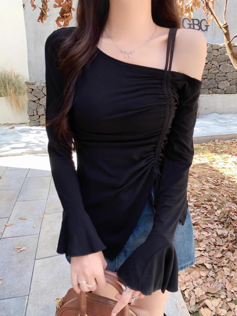 Women's French One-Shoulder Camisole with Flare Sleeve, Off-Shoulder Drawstring Design for Early Autumn
