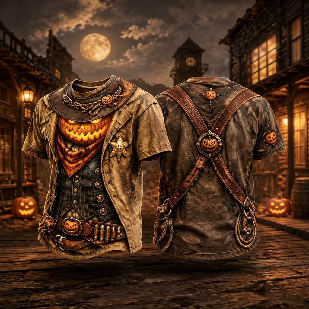 Halloween T-Shirt with Western Sheriff Pumpkin Print - Short Sleeve Casual Tee for Men and Women