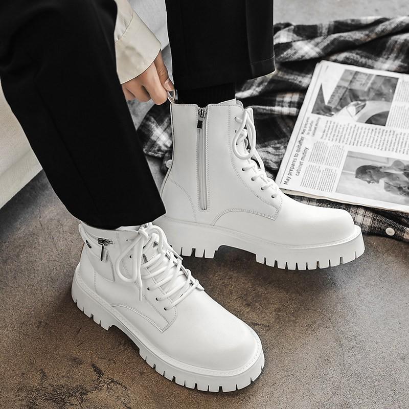 Mens Mid-Calf Martin Boots With Side Zipper Casual Leather-Look Workwear Shoes Anti-Slip Rubber Sole Round Toe Black White