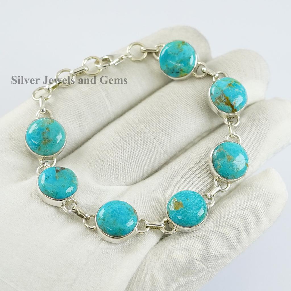 Natural Turquoise Bracelet, 925 Sterling Silver Bracelet, Arizona Turquoise Bracelet , Handmade Round Gemstone Bracelet, Anniversary Gift