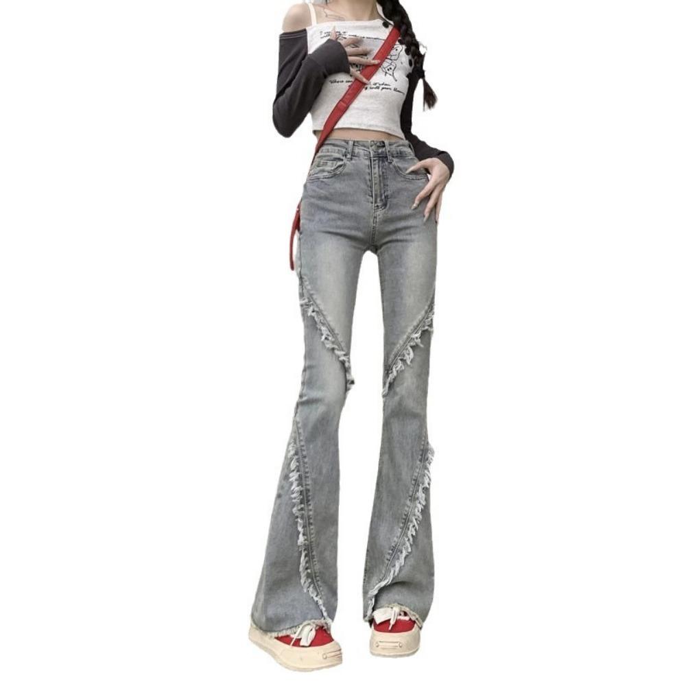 Street tassel rough edge splicing high waist micro pull jeans spring and autumn new slim flared horseshoe jeans