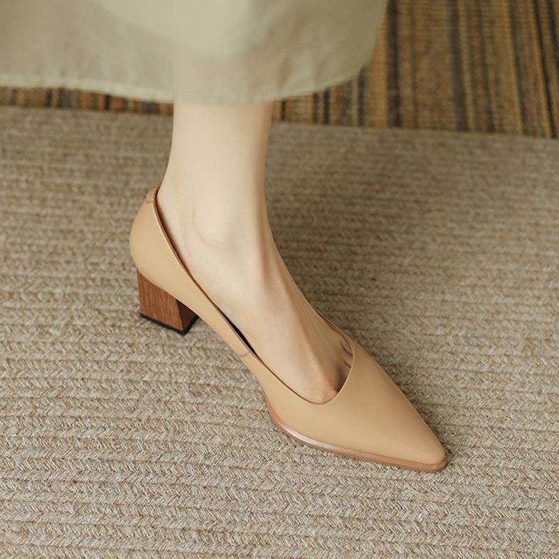 Sapatos de Salto Bloco para Mulheres Scarpins Plataforma Bico Fino Slip on Preto Nude Couro Macio Salto Alto Sapatos Zapatos