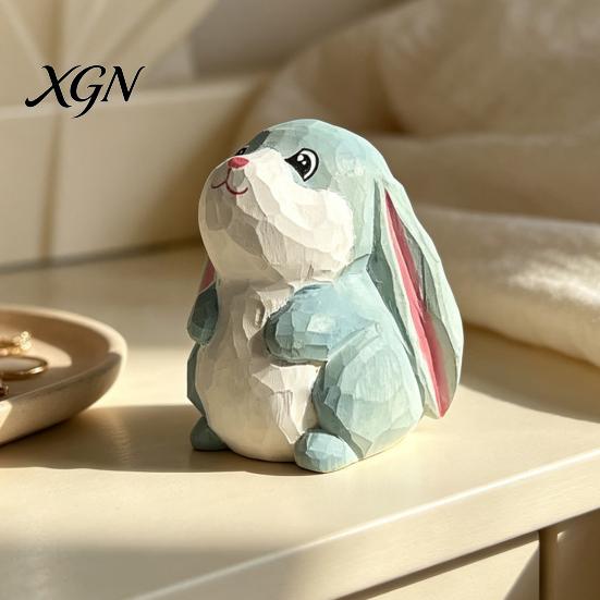 Handmade Animal Statue for Shelves Hand-Carved Lop-Eared Bunny Ornament, Cute Desk Figurine, Natural Wood Carving Art Small Decorative Entryway