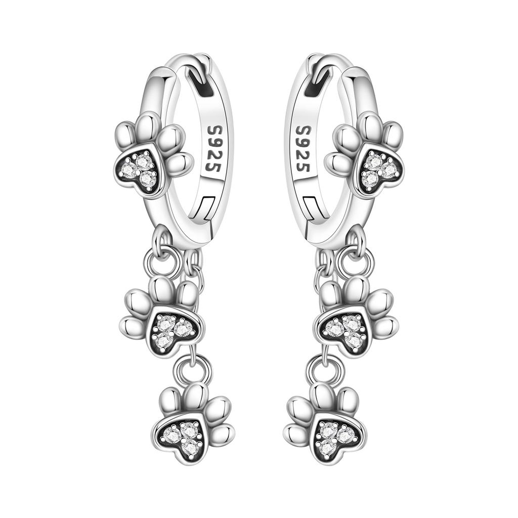 Original 925 Silver Zircon Pink Paw Print Earrings Heart Flower Leaf Design Women Party Jewelry Gift Ear Loops