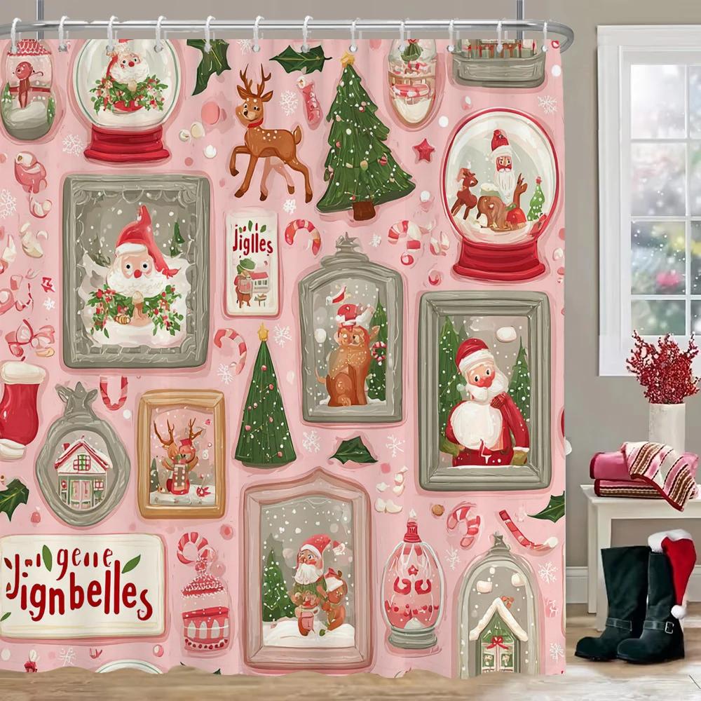 

GAEPink snowflake Christmas Shower Curtain, Bathroom Curtain, Merry Christmas Shower Curtain, home decoration Curtain with Hoo 90x180cm
