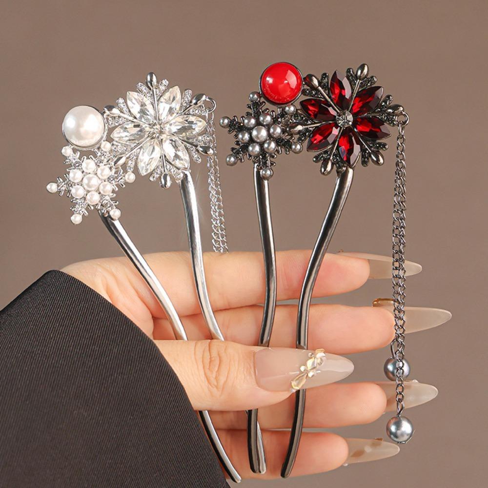Korean Retro Pearl Rhinestone Tassel Hair Sticks for Women Zircon Crystal Flower Elegant Hair Combs Women Daily U-Shaped Hairpin