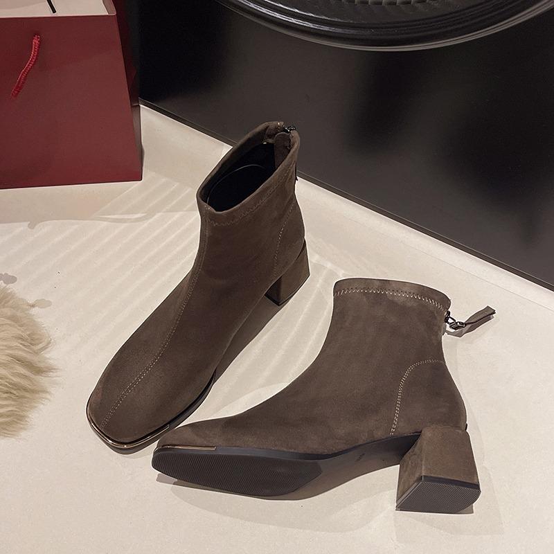 Fashion French Chunky Heel Booties Women's Suede Naked Boots Autumn and Winter New Square Toe Temperament High Heel Skinny Boots