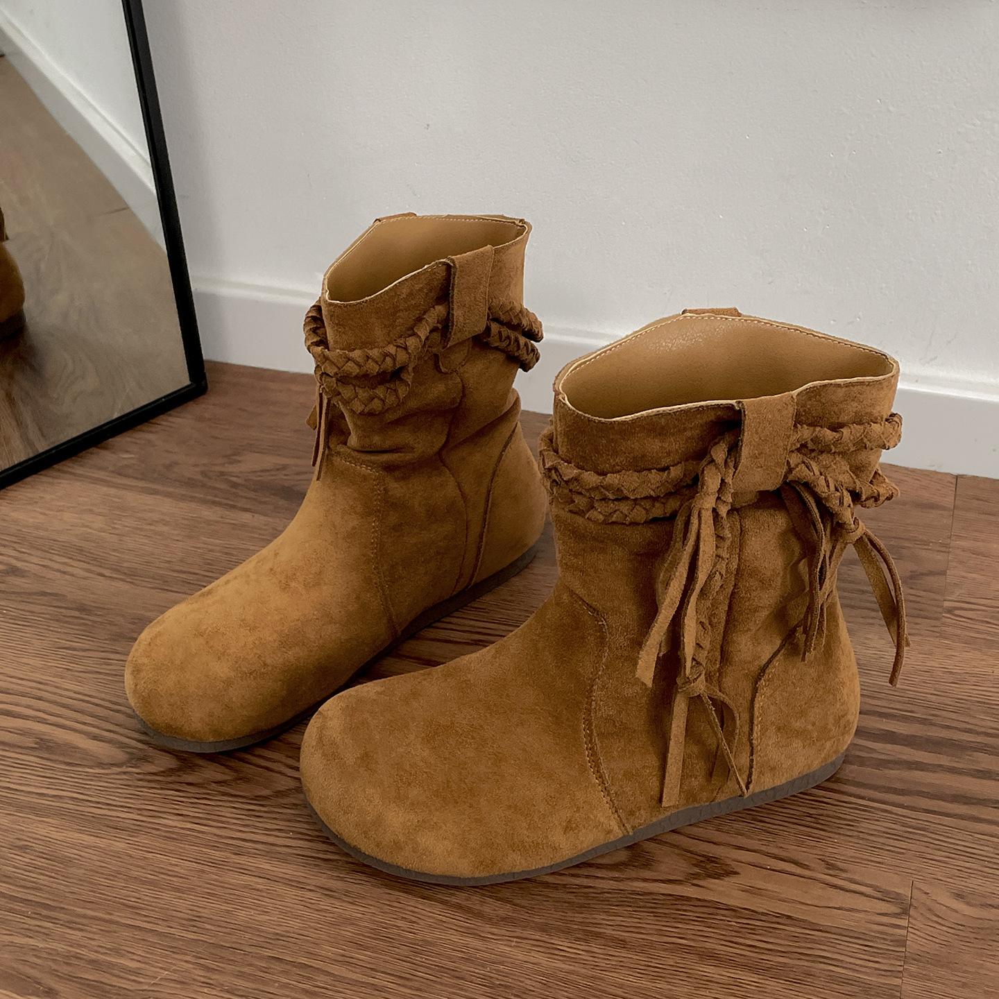 

Vintage Maillard flat bottom inner height-increasing short boots women s new autumn thin pile boots 40