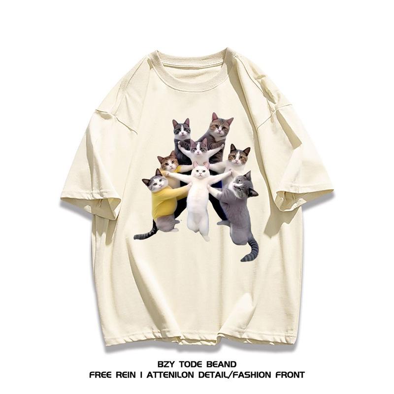 Korean Style Cat Print Cotton T-shirt - Trendy Loose Fit, Unisex Summer Casual