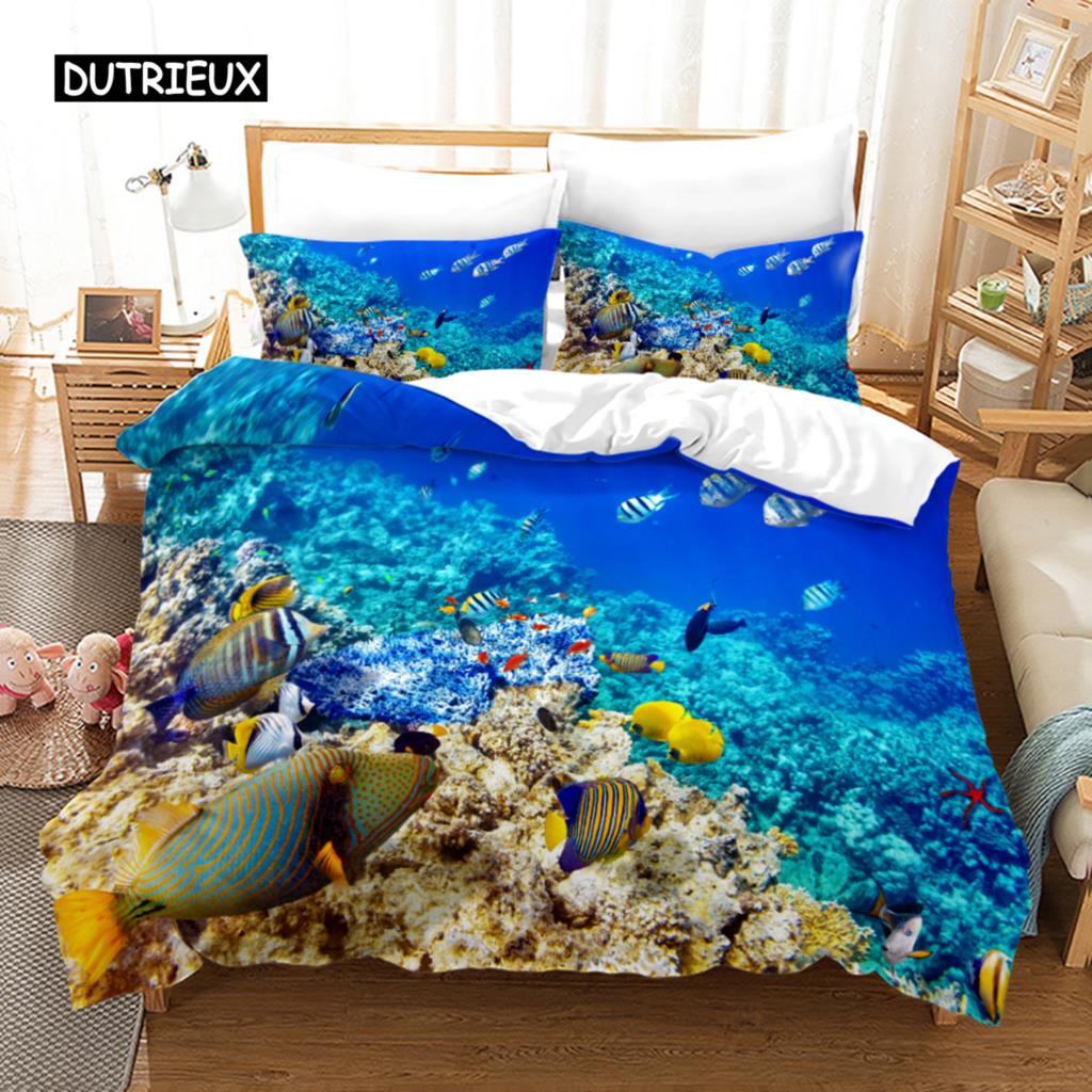 Ocean Duvet Cover Set Polyester Underwater World Clownfish Shark Quilt Cover Sea Animal Theme Double Queen King Size Bedding Set